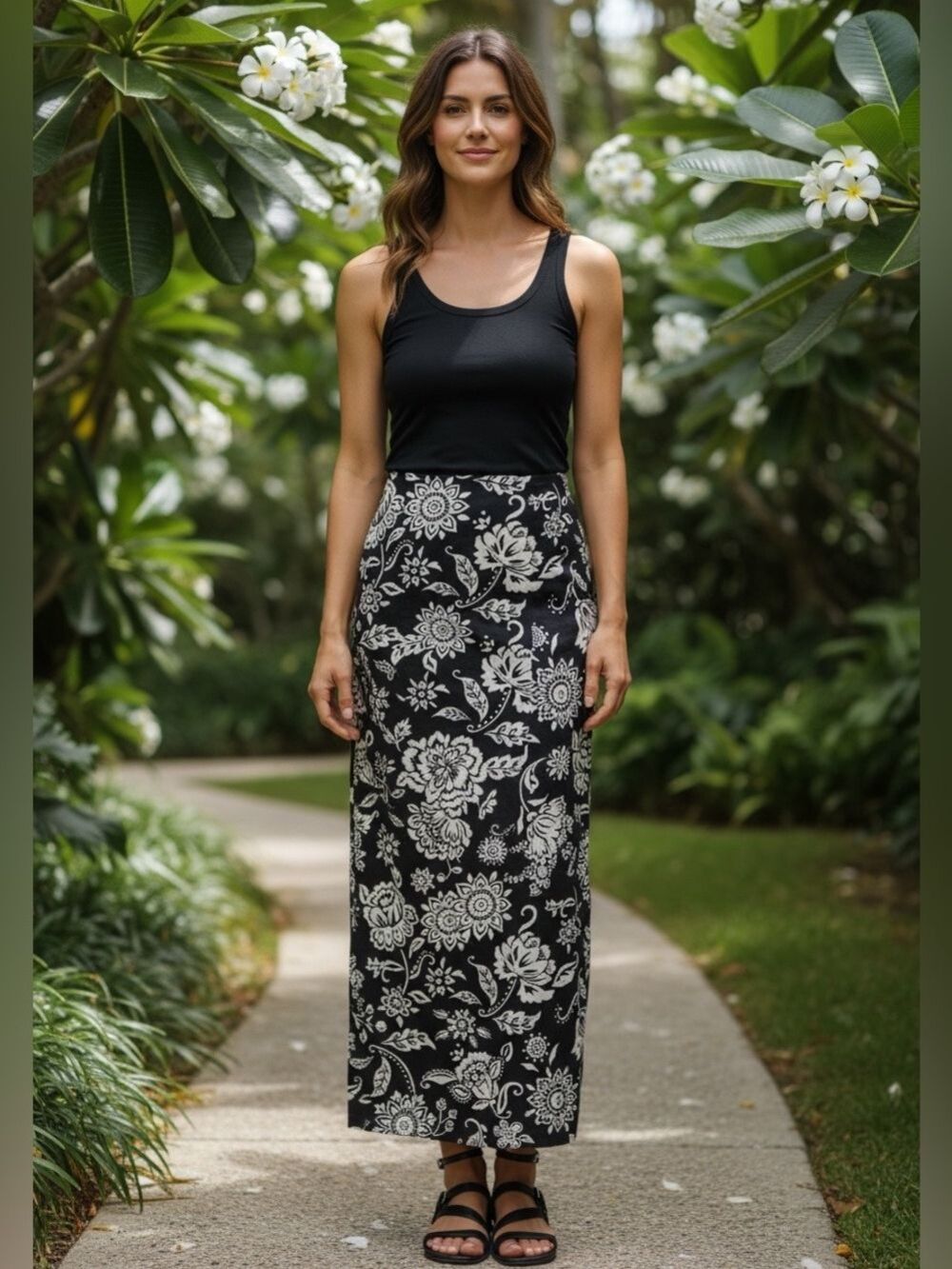90s TALBOTS COTTON BLACK & CREAM FLORAL MIDI PENCIL COLUMN SKIRT BACK SLIT SZ 16
